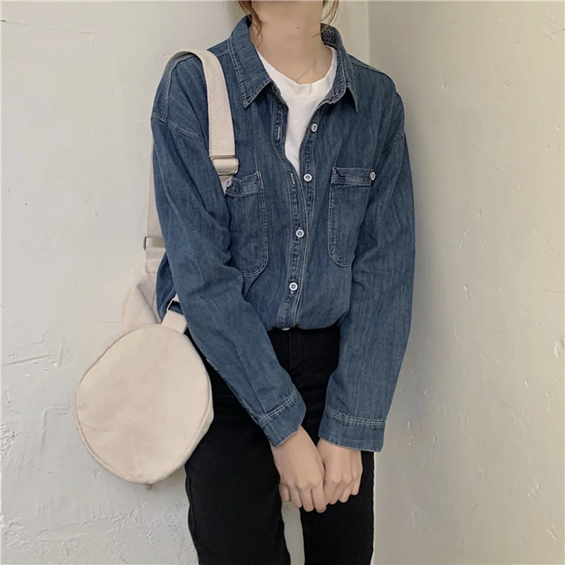 Женская ВИНТАЖНАЯ ДЖИНСОВАЯ РУБАШКА REALEFT свободная блузка с длинными рукавами и