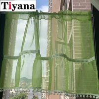 green sheer voile half curtain with white lace trimming short kitchen tulle for caffee cabinet dust proof curtain