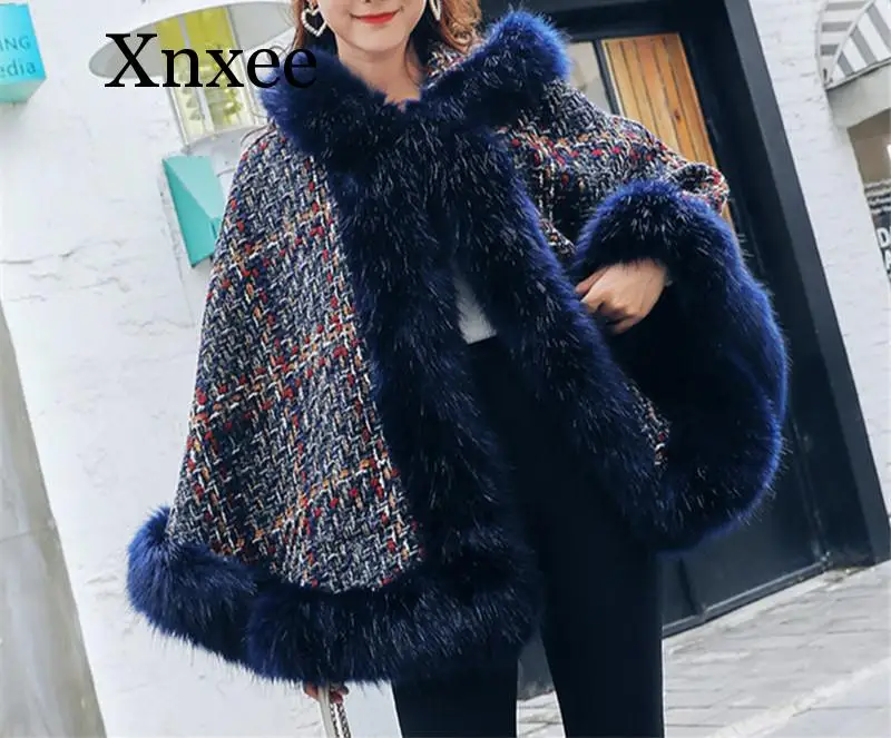 Женское пончо с капюшоном осенне зимняя накидка искусственным мехом лисы| |