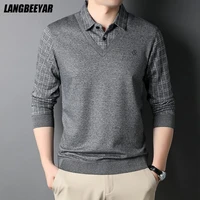 top grade fake two new fashion brand korean knit slim fit shirt for men fasion long sleeve preppy look casual mans clothes