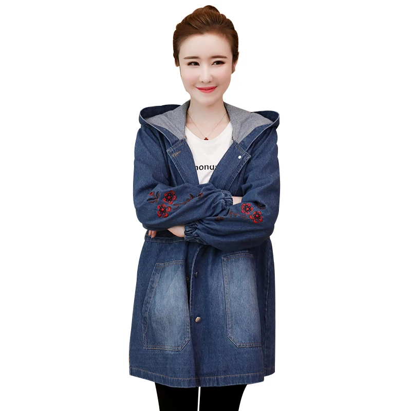 Осенние корейские вышитые цветы на джинсовой ткани куртка Женская длинная