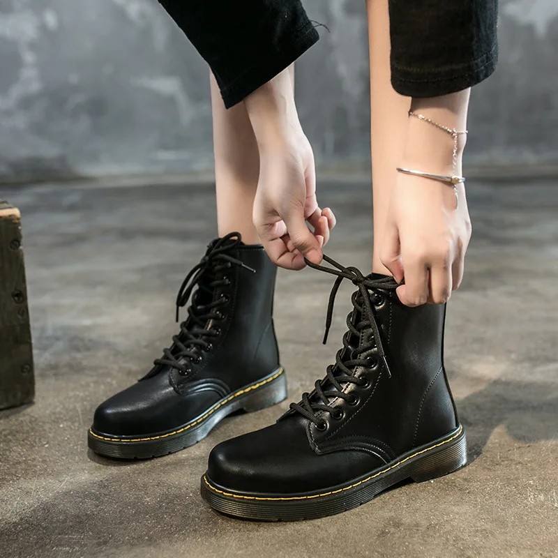 

Женские ботильоны из натуральной кожи, Черные Водонепроницаемые ботинки на платформе, с высоким берцем, в британском стиле, 2021