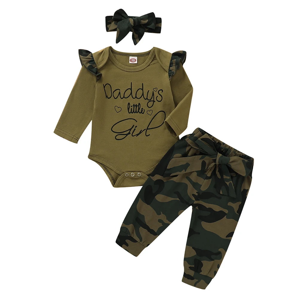 

Baby Clothes 3Pcs Set Newborn Infant Girls Letter Ruffle Long Sleeve Romper Camouflage Print Long Pants Clothing Outfits D30