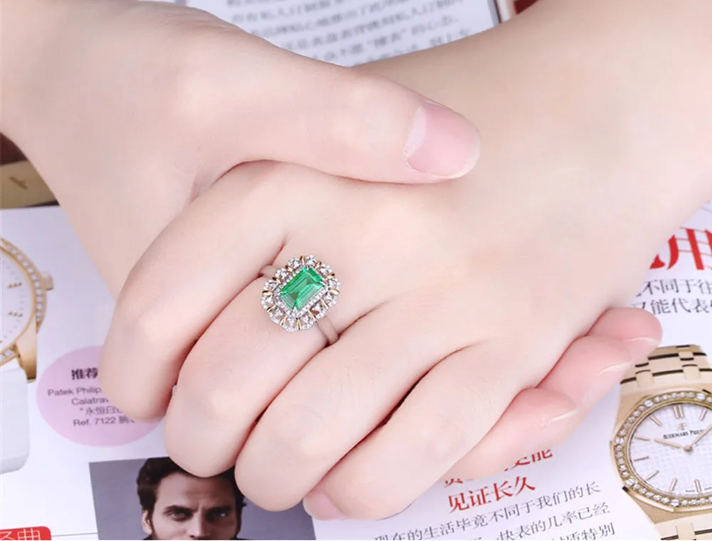 

Square Green Emerald gemstones diamond Rings for women 18k white gold silver color argent bague luxury jewelry bijoux gifts