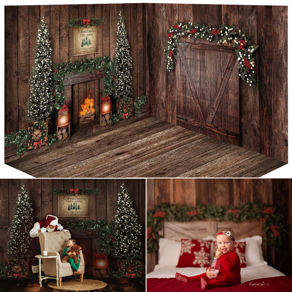 

Winter Merry Christmas Photography Backdrop Fireplace Christmas Tree Birthday Background Rustic Xmas Family Party Portrait Props
