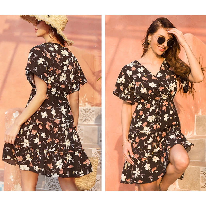 

2021 Spring Summer Vintage Party Dress V Neck Elegant Sexy Dress Boho Beach Female Floral Print Dresses For Women Clothes