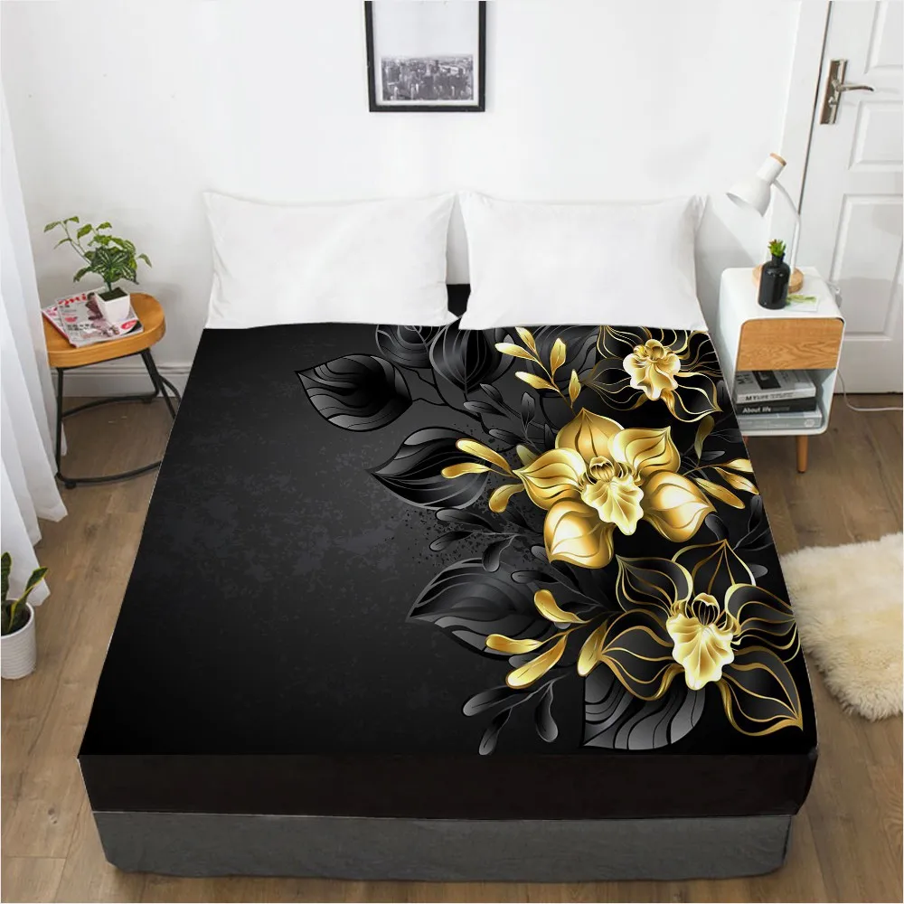 3D HD Digital Printing Custom Bed Sheet With Elastic,Fitted Sheet Queen King Black golden flower Bedding Mattress Cover 180x200
