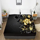 Простыня-наматрасник 180 Х200 с 3D HD цифровой печатью на заказ, на резинке, подогнанная, простыня Queen King, постельное белье с черными и золотыми цветами, 180 Х200
