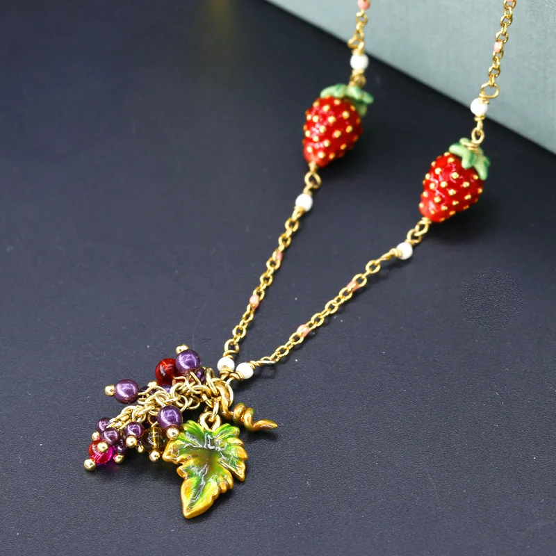 

New Ins Cold Wind Fashion All-match Sweater Chain Enamel Color Glaze Purple Pearl Grape Strawberry White Flower Long Necklace