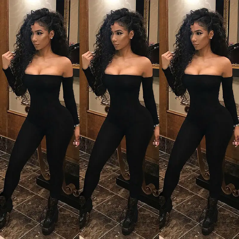 Женский комбинезон с открытыми плечами облегающий клубный длинным рукавом