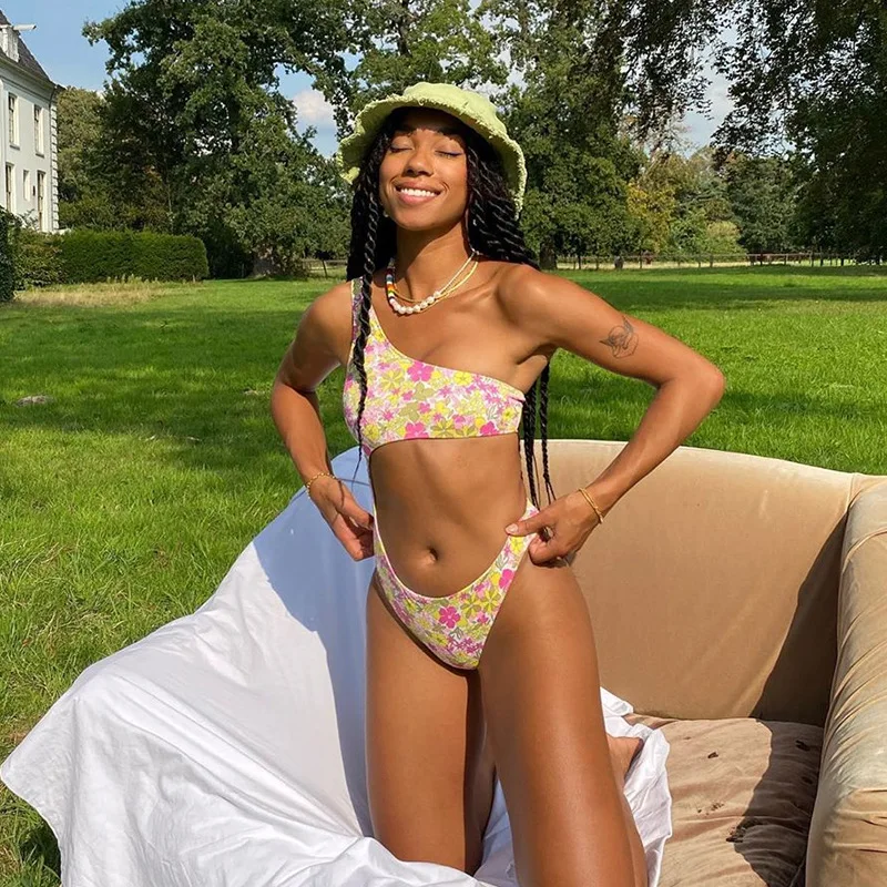 

Floral Print Hollow Out Swimsuit Women One Shoulder Swimwear Push Up Beach Bathing Suit Monokini Swimming One-Piece Suits