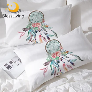 BlessLiving Big Dreamcatcher Pillow Case Bohemian Feather and Flower Sleeping Pillow Covers Ethic Decorative Pillowcase 2-Piece 1
