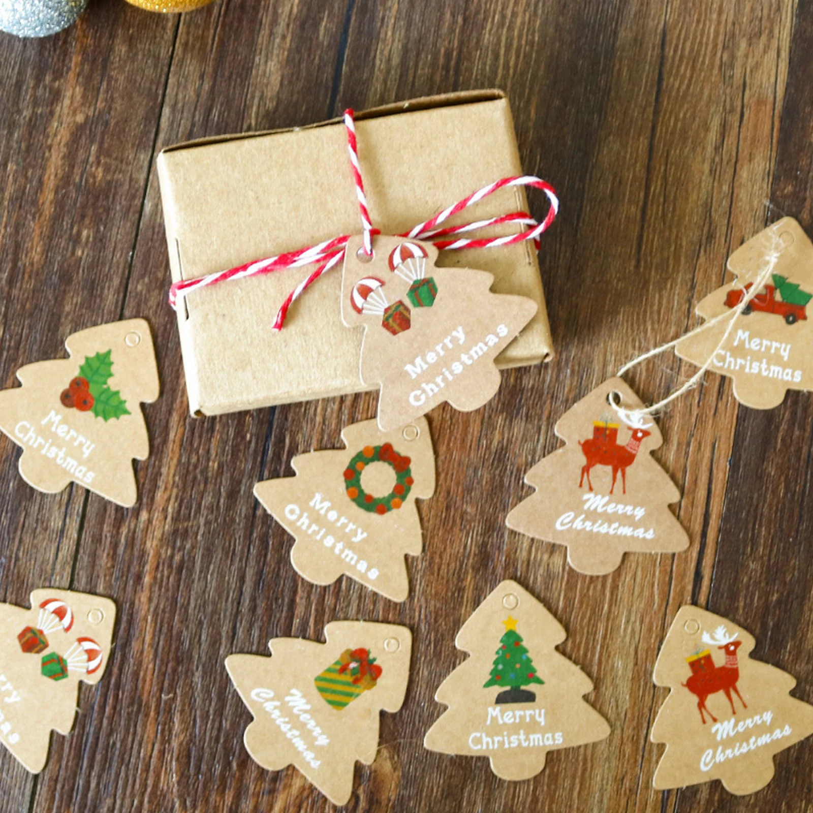 

48pcs Christmas Tree Gift Tag DIY Hang Tag Craft Packaging Labels with Rope Wedding Birthday Gift Wish Trees Tag Christmas Decor