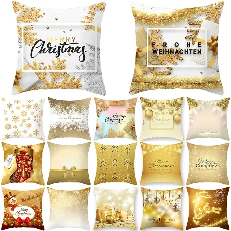 

1Pcs Golden Christmas Snow Pattern Cushion Cover Polyester 45*45cm Decorative Pillowcase New Year Sofa Home PillowCover 40996