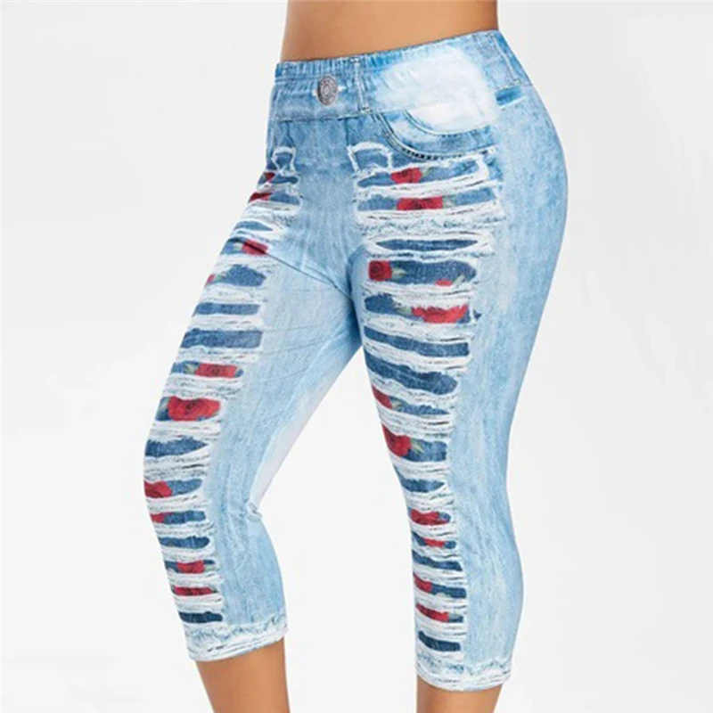 

Jeans Leggings For Woman Stretch Printed Short Leggings 4\3 Pants Summer Breeches High Waist Perfect Fit Jeans Jeggings