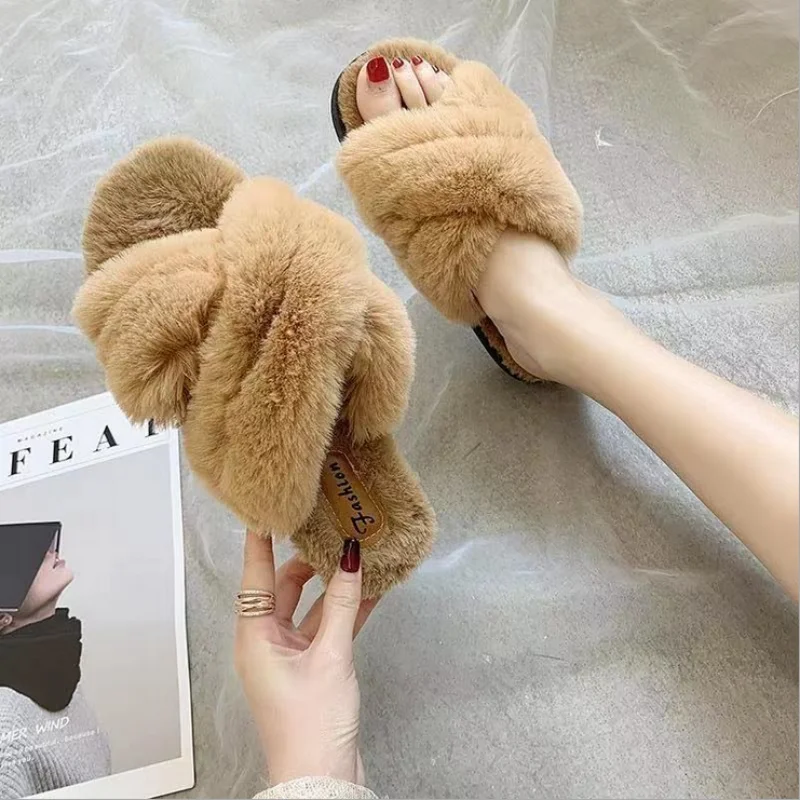 

Winter/Spring Women House Slippers Faux Fur Warm Flat Shoes Female Slip on Home Furry Ladies Slippers