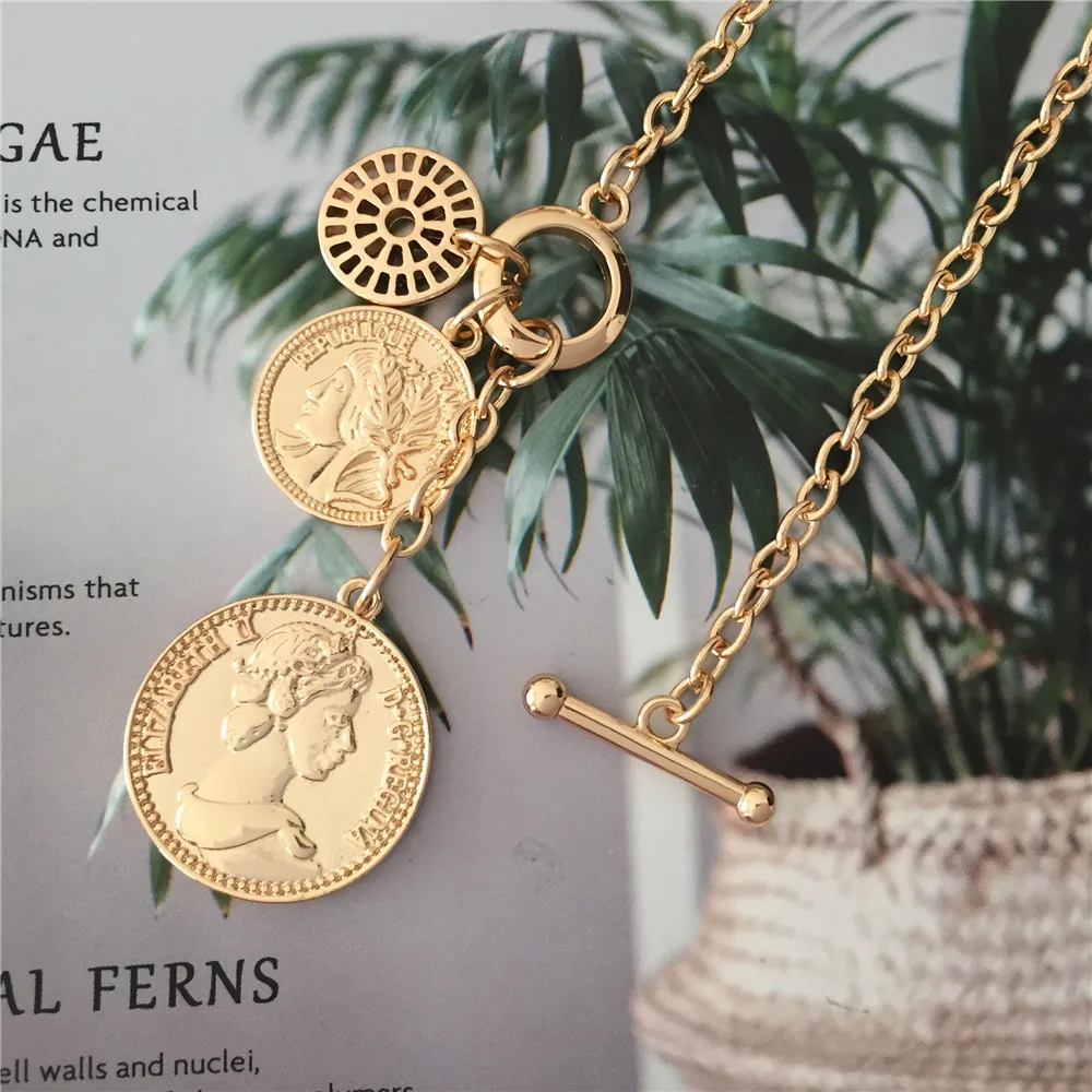 Элегантная позолоченная монета с круглая филигрань Т-образный стержень ожерелье