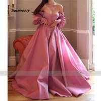 elegant pink prom dresses bishop sleeves high slit taffeta evening dresses sweetheart a line long party gowns with buttons