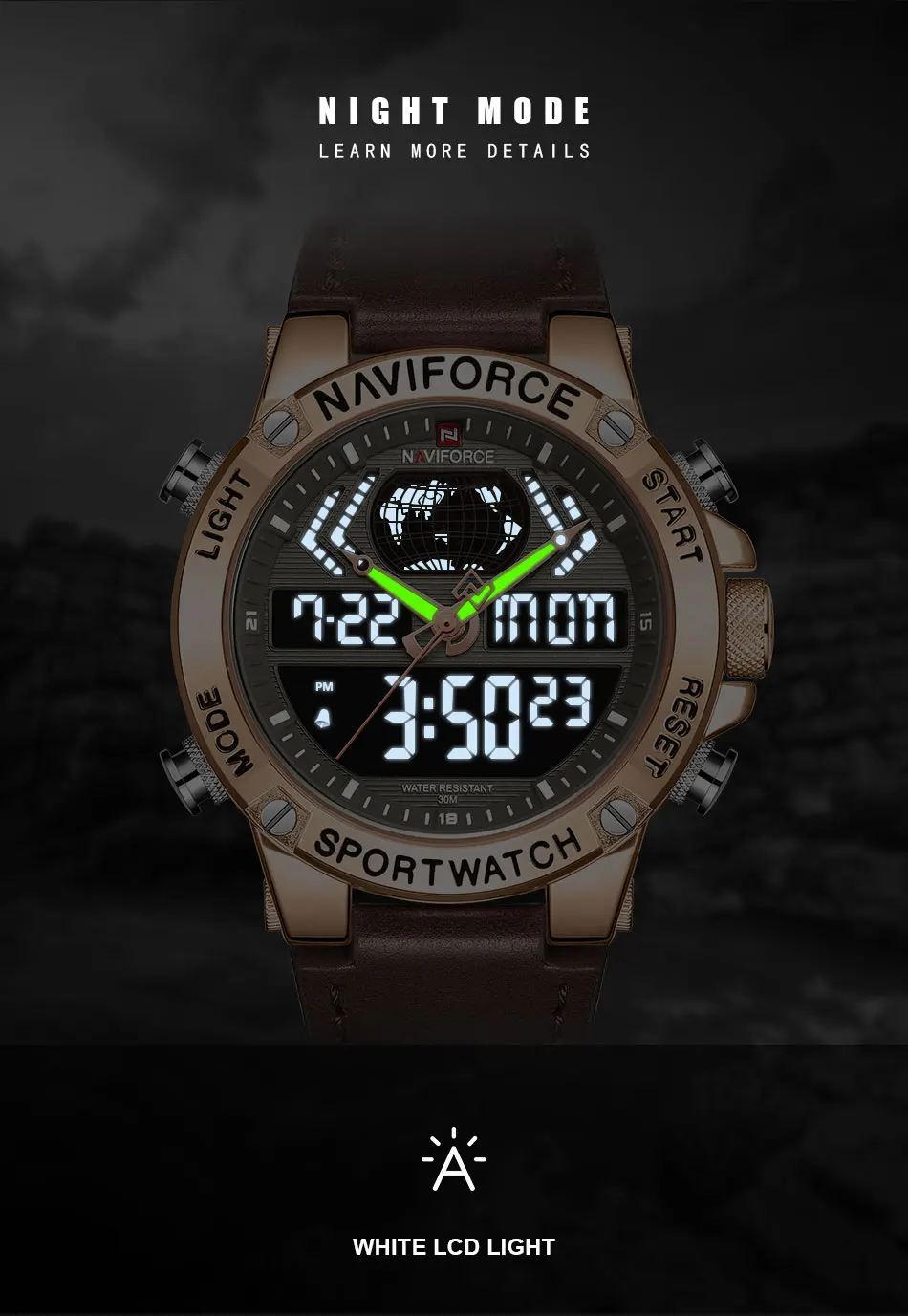 NAVIFORCE мужские часы цифровые спортивные Топ брендовые роскошные мужские наручные часы военные из натуральной кожи светодиодный кварцевые деловые мужские часы 9164