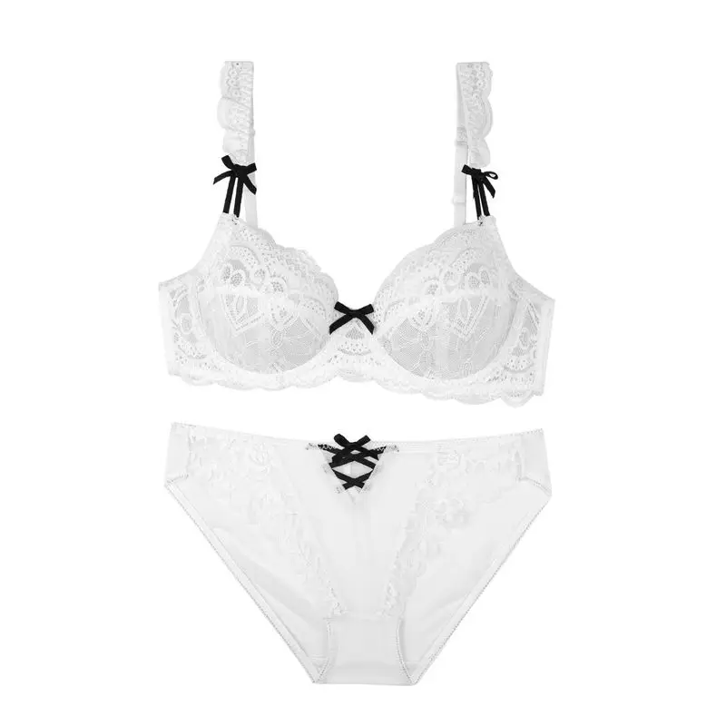 

New Sexy Women's Intimates Bra Pink Sets Big Size Bras Thin Panties Push Up Bra High-Grade Lace Small Bows Summer Underwear