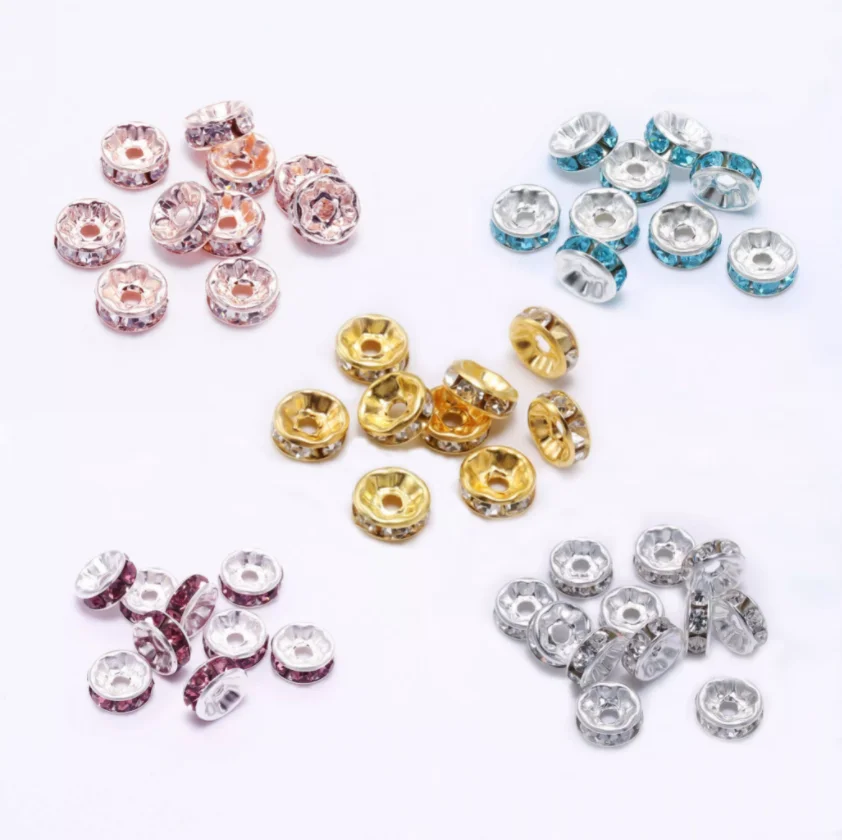 

50Pcs/lot 4 6 8 10mm Metal Loose Rhinestone Spacer Beads Rondelles Crystal Bead For DIY Jewelry Making Supplies Accessories