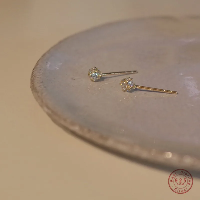 

925 Sterling Silver Plated 14k Gold Korea Style Small Zircon Stud Earrings Delicate Shiny Studs All-Match Simple Jewelry Gift