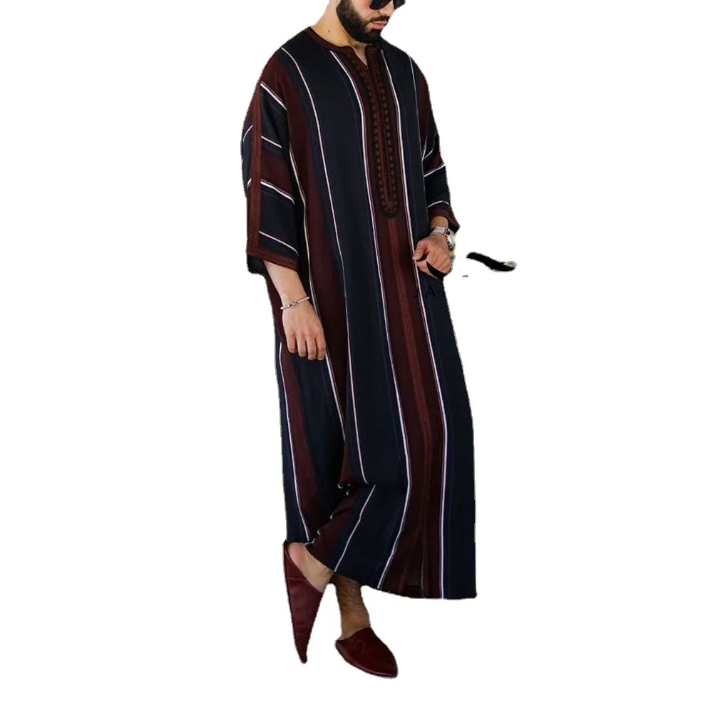 Muslim New Popular Men'S Loose Tube Striped Long-Sleeved Robe Ethnic Style Middle Eastern Pakistani Clothes Robes Jl002