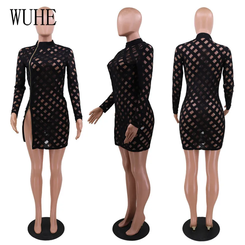

WUHE Plaid Hollow Out Mesh See Through Nightclub Dress Zipper Up Long Sleeve Turtleneck Side High Split Party Mini Bodycon Dress