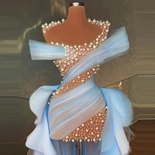 New In Tulle Pearls Prom Dresses See Thru Ruffles Hi   Low Long Train Women Colorful Pageant Prom Dressing   Gowns Plus Size (4)