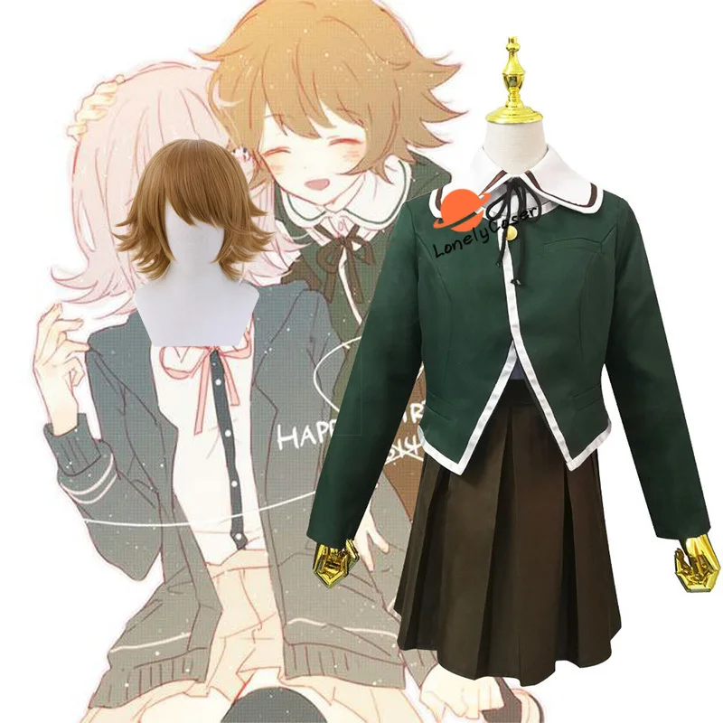 Аниме Danganronpa Chihiro Fujisaki Косплей Костюм короткий парик пальто + рубашка юбка галстук