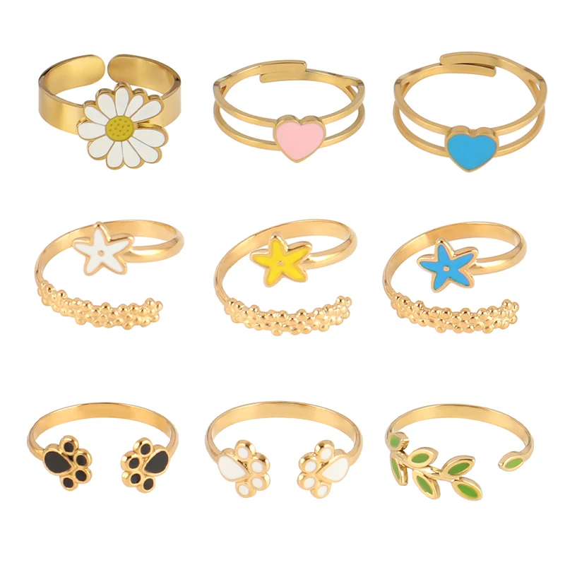 

Fashion Stainless Steel Rings For Women Rings Open Rings Enamel Ring Women Adjustable Ring Leaf Rings Colour Ring Heart Jewelry