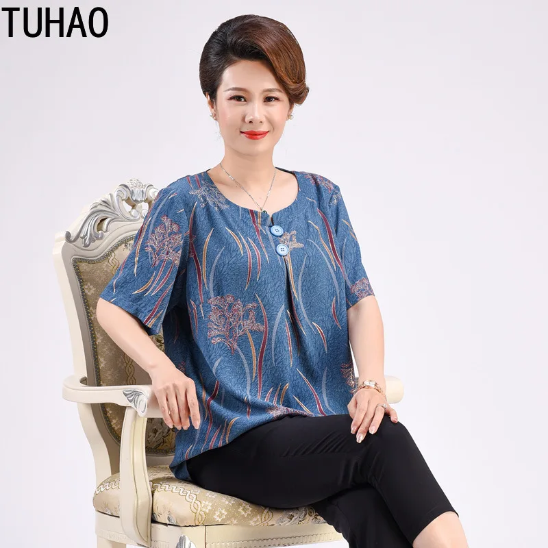 

TUHAO Mother Blouse Casal Women Clothing Plus Size 8XL 7XL 6XL Middle-aged Mom Vintage Loose Elegant Blouses Summer Shirts WM03
