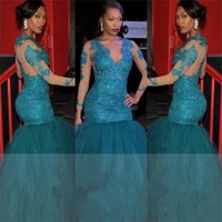 african long sleeve mermaid prom dresses 2020 sexy v neck lace applique tull sweep strain see through formal evening gowns