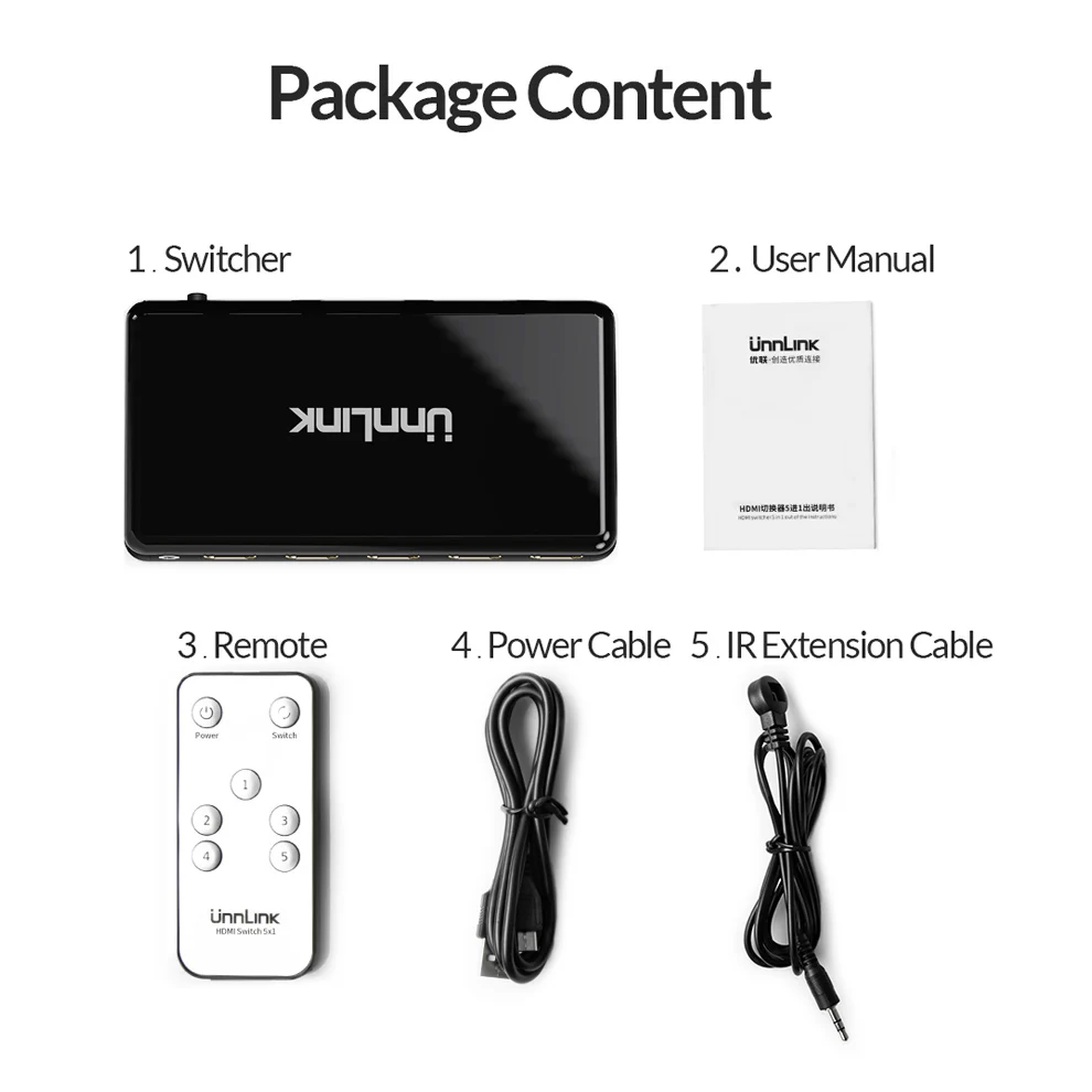 

Unnlink HDMI-compatible 2.0 Switch 5x1 UHD 4K 60Hz RGB4:4:4 HDCP 2.2 HDR 5 In 1 Out for Smart TV MI Box3 PS4pro Projector
