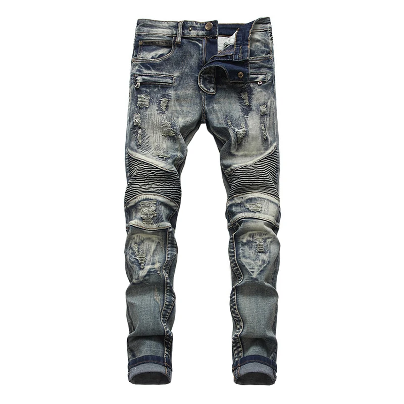 Мужские рваные джинсы Sokotoo синие байкерские в стиле ретро с дырками узкие прямые