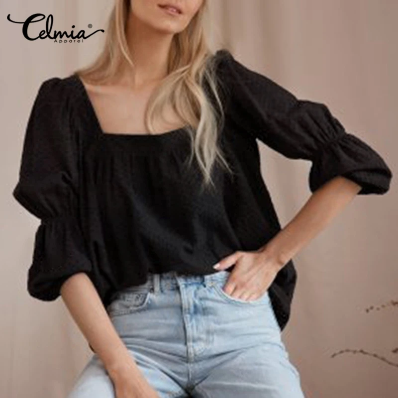 

Celmia Women Square Collar Blouses Fashion Stylish Knotted Puff Sleeve Shirts Female Summer Casual Solid Tunic Tops Femininas