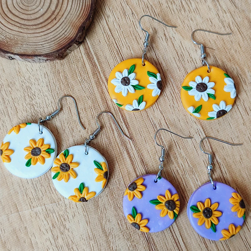 

Trendy Hot Sale Jewelry Sunflower Cute New Multicolor Polymer Clay Geometric Statement Textured Handmade Drop Gift Hook Earrings