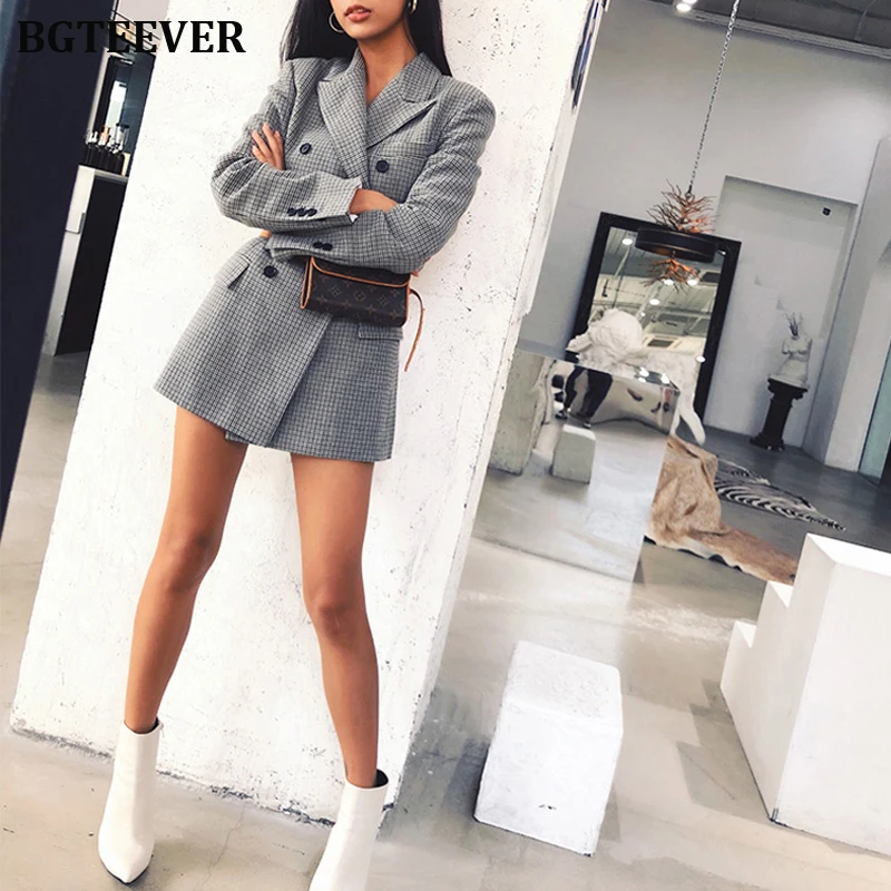 Fashion Plaid Women Blazer Suit Office Ladies 2 Piece Set Double-breasted &amp Pencil Skirt Female 2019 | Женская одежда