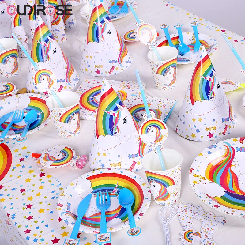 Единорог День Рождения украшения Дети одноразовые набор посуды салфетки торт