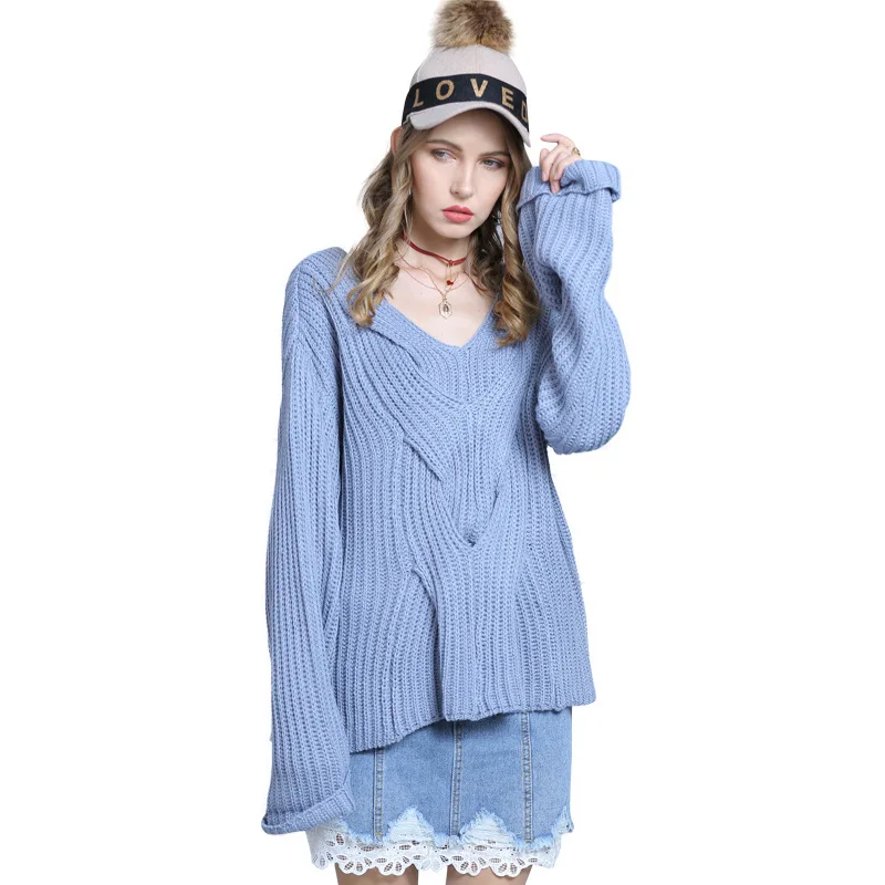 

2021 Hot Style Women's Personality Distorted Loose V-neck Ladies Sweater Horn Sleeve Pure Color Pullover