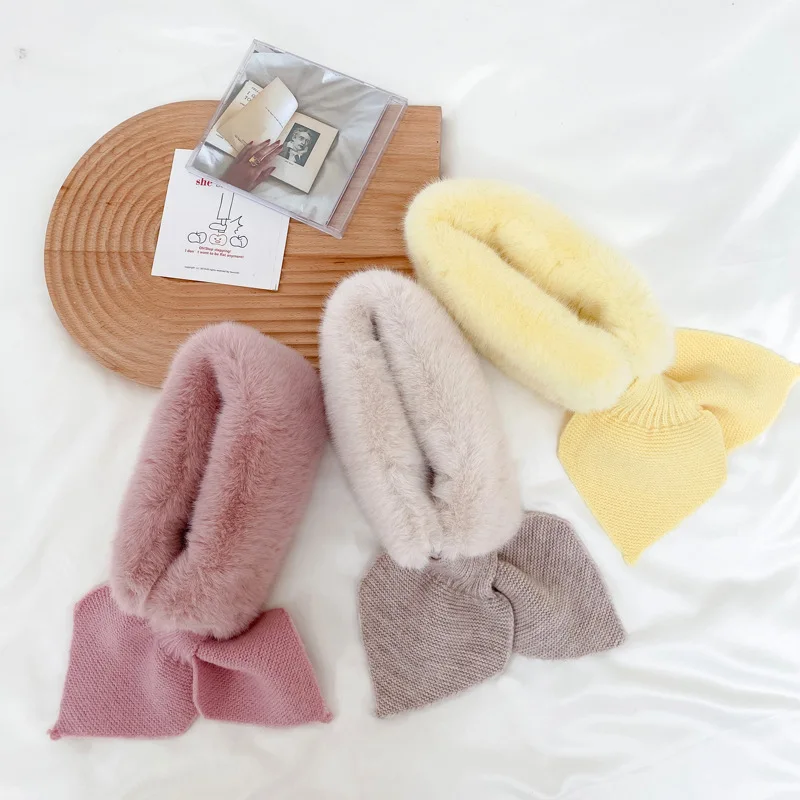 Faux Fur Kids Scarf Super Soft Warm Children Scarfs for Girls Knitted Bow Princess Christams Autumn Winter Kids Scarves 3-6Y