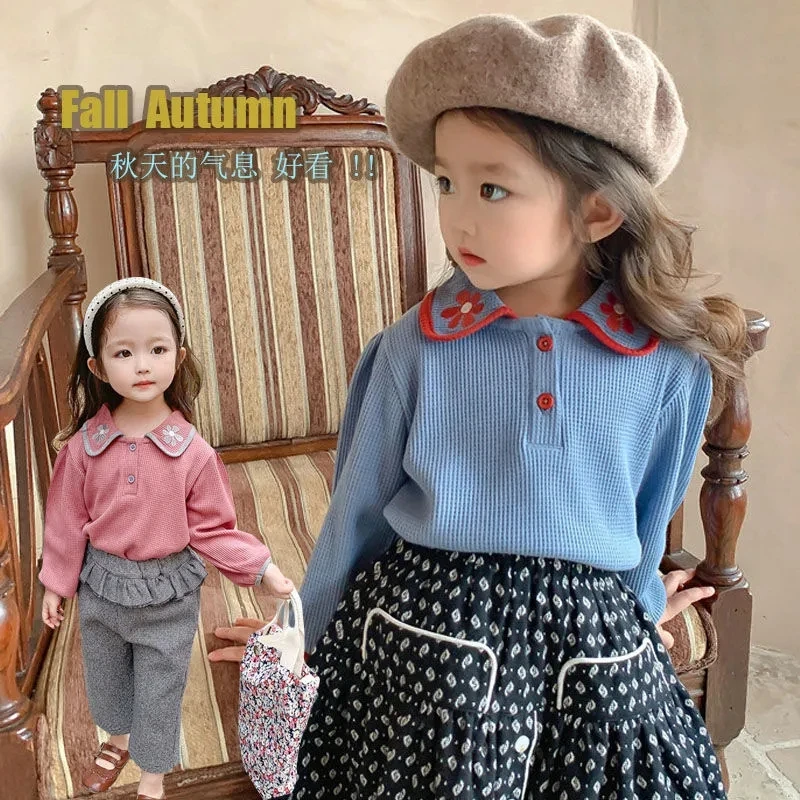 

VIDMID Spring and autumn girls sweet flower t-shirts kids embroidery Lapel shirt doll collar T-shirt children tops P5850