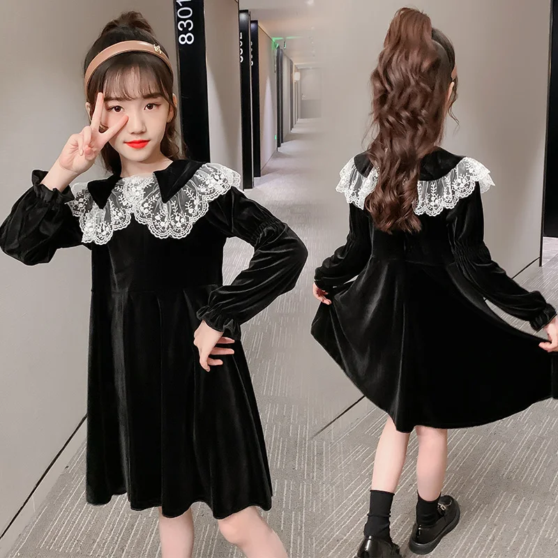 

Girls Dresses Autumn Winter Kids Princess Dress Girls Lace Long Sleeve Clothes Golden Velvet Dress for Girls 4 6 8 9 10 12 Years