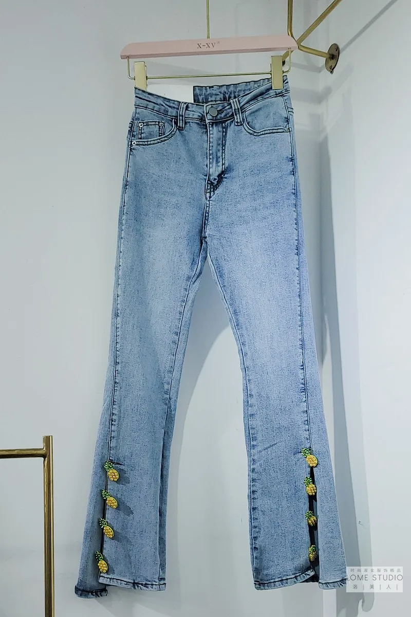 

Spring and Autumn Women's Straight Trousers 2021 New High Waist Wash Jeans Light Color Pineapple Decoration Slimming Pants
