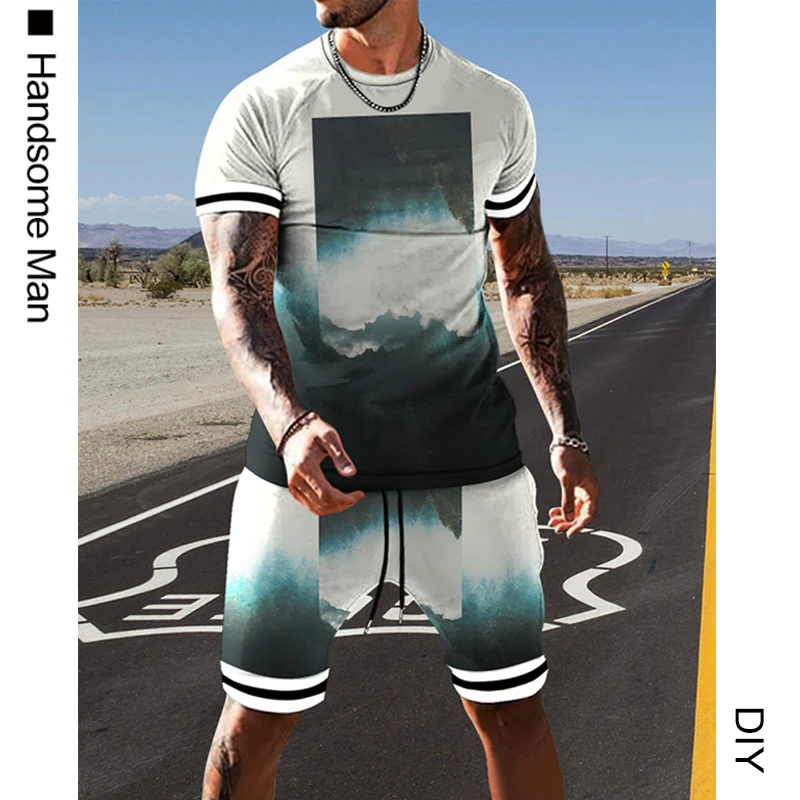 

Summer Men Cloud Landscape Series Short Sleeve Fitness Tshirt+Jog Shorts 2 Pieces Set Breathable Male Sports Casual Fashion Suit