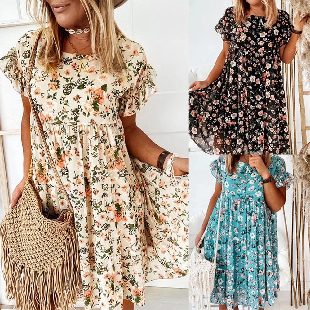 

Summer New Women's Casual Floral Print Dress 2021 Short Sleeve Woman Fashion Female Loose Ruffles Mini Dresses For Robe Femme