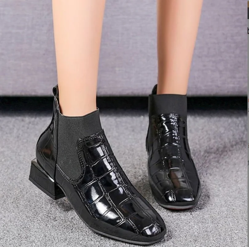 

2022 Chic Women Boots Shiny PU Leather Autumn Winter Shoes Woman Spuare Toe Block Heels Ankle Boots Female Botas Zapatos Mujer