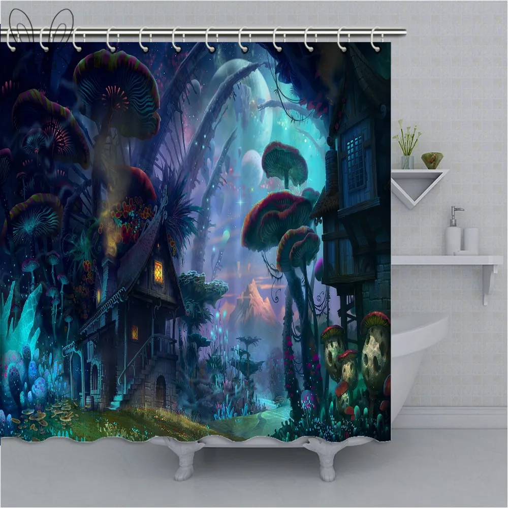 Занавеска для душа с рисунком деревьев и грибов | Дом сад