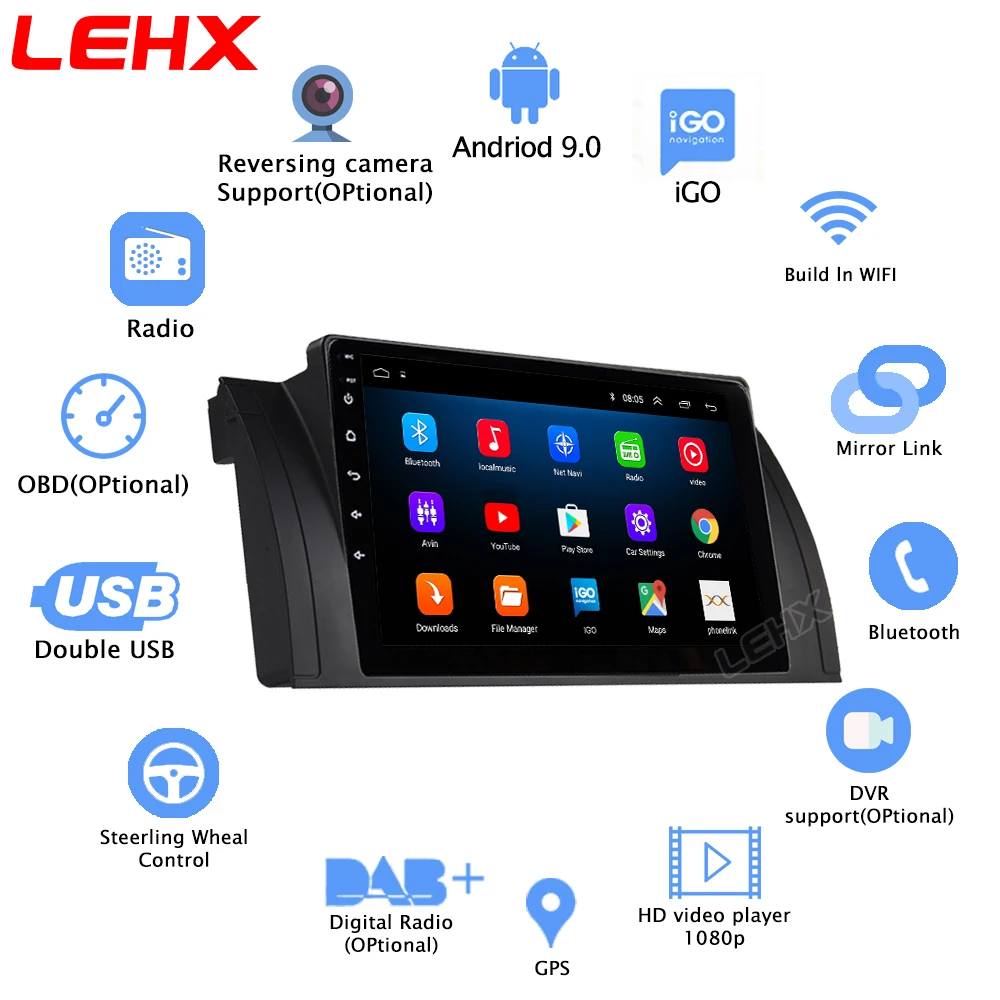 Автомагнитола LEHX 2DIN Android 9 0 ОЗУ 2 Гб мультимедийный видеопроигрыватель для BMW 5 E39 E53