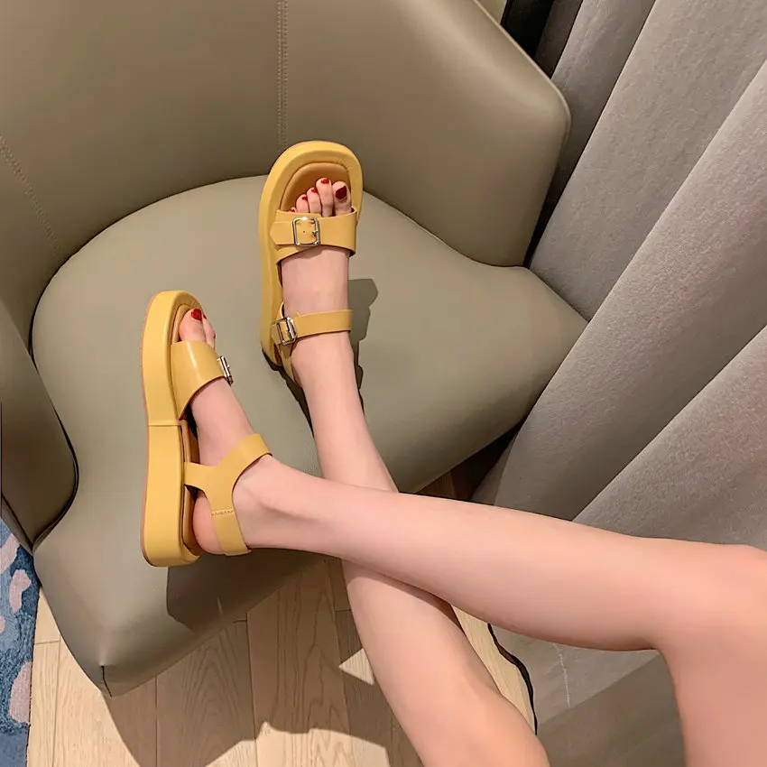 

2021 New Summer Open Toe Buckle Platform Casual Women Shoes Genuine Leather Wedge Heel All Match Female Sandals Size 34-39